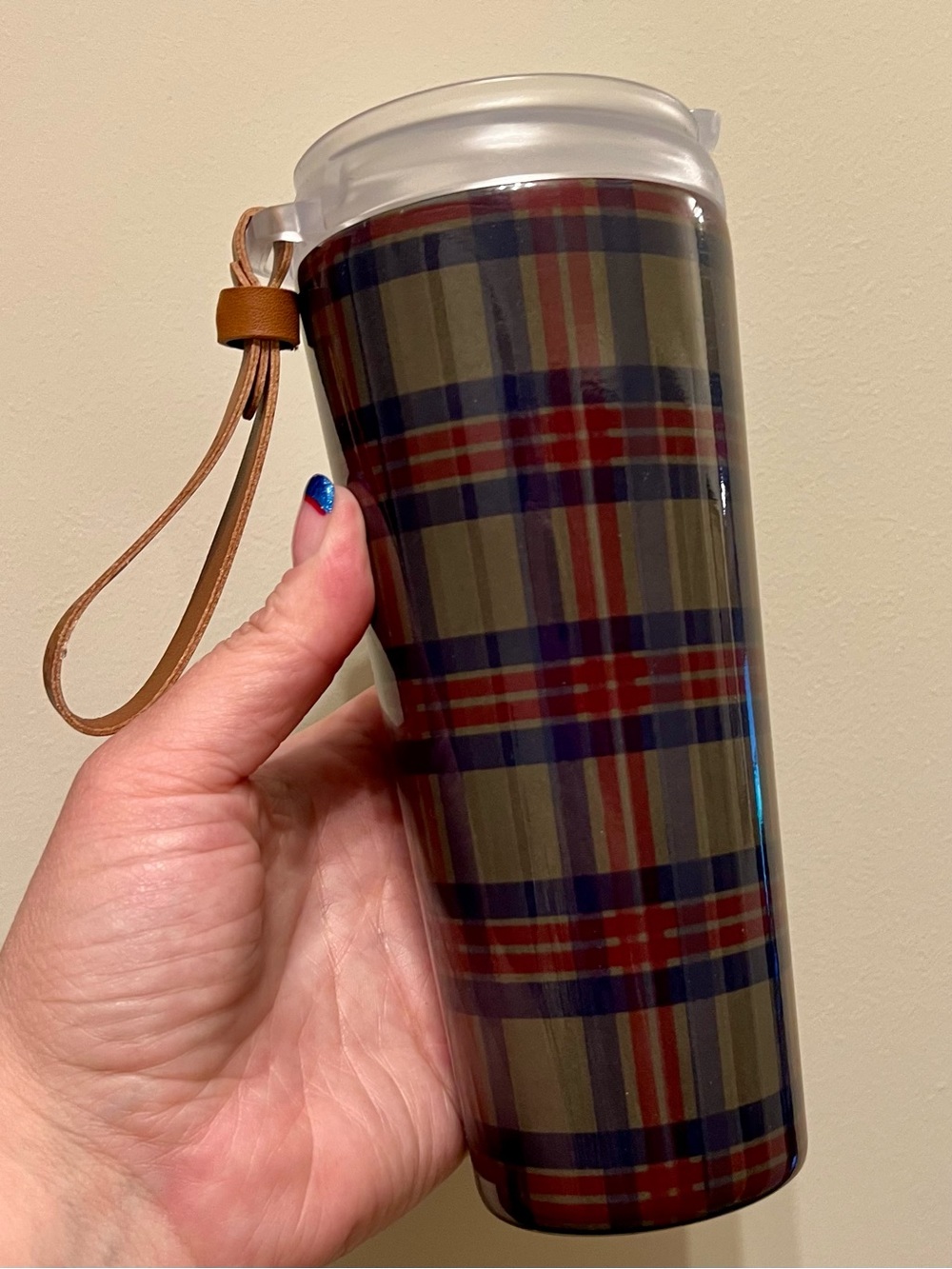 Caribou Coffee 16oz Plaid Travel Tumbler with Leather Strap NWT
